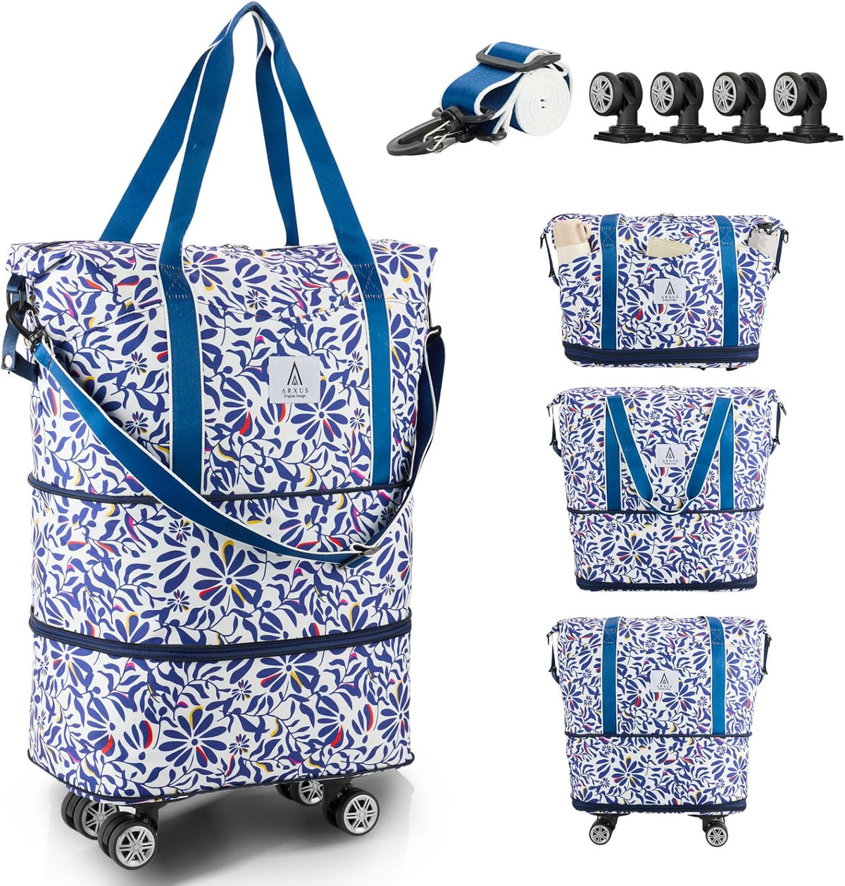 Rolling Duffle Bag with Detachable Wheels and Adjustable Shoulder Strap, Large Expandable Foldable Carry On Luggage Bag with Handle and Suitcase Sleeve, Weekender Bag for Travel Airplane 25L-55L
