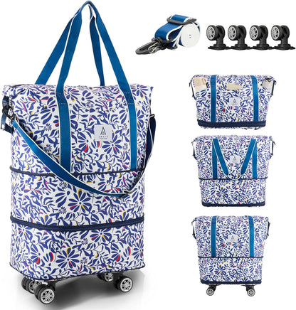 Rolling Duffle Bag with Detachable Wheels and Adjustable Shoulder Strap, Large Expandable Foldable Carry On Luggage Bag with Handle and Suitcase Sleeve, Weekender Bag for Travel Airplane 25L-55L