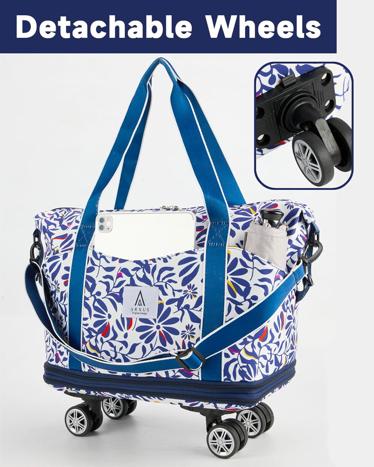 Rolling Duffle Bag with Detachable Wheels and Adjustable Shoulder Strap, Large Expandable Foldable Carry On Luggage Bag with Handle and Suitcase Sleeve, Weekender Bag for Travel Airplane 25L-55L
