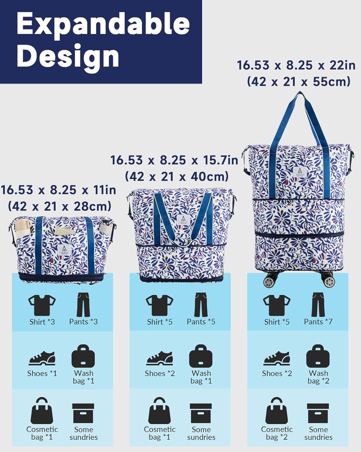 Rolling Duffle Bag with Detachable Wheels and Adjustable Shoulder Strap, Large Expandable Foldable Carry On Luggage Bag with Handle and Suitcase Sleeve, Weekender Bag for Travel Airplane 25L-55L
