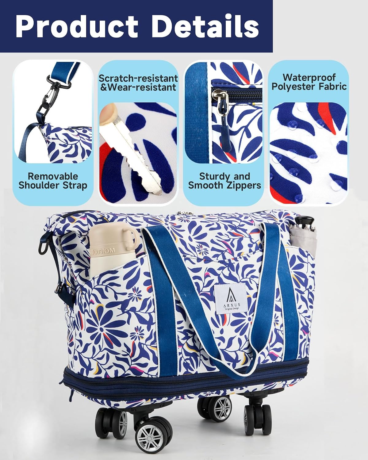 Rolling Duffle Bag with Detachable Wheels and Adjustable Shoulder Strap, Large Expandable Foldable Carry On Luggage Bag with Handle and Suitcase Sleeve, Weekender Bag for Travel Airplane 25L-55L