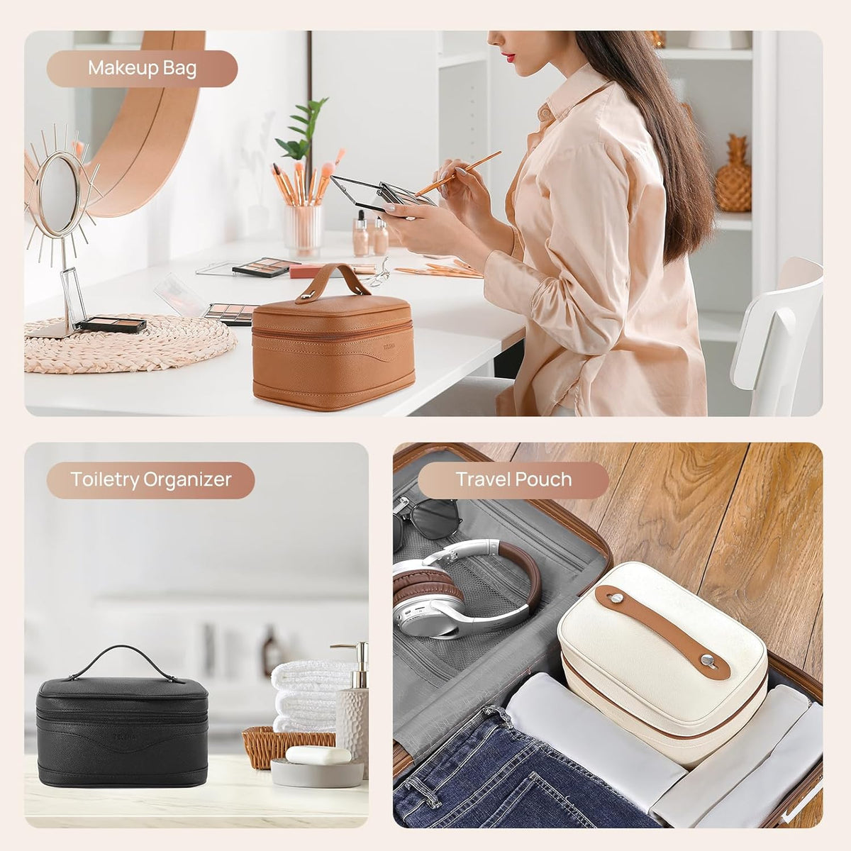 Large Makeup Bag, Travel Toiletry Bag for Women, Vegan Leather | Makeup Organizer Case Cosmetic Bag for Travel Essentials