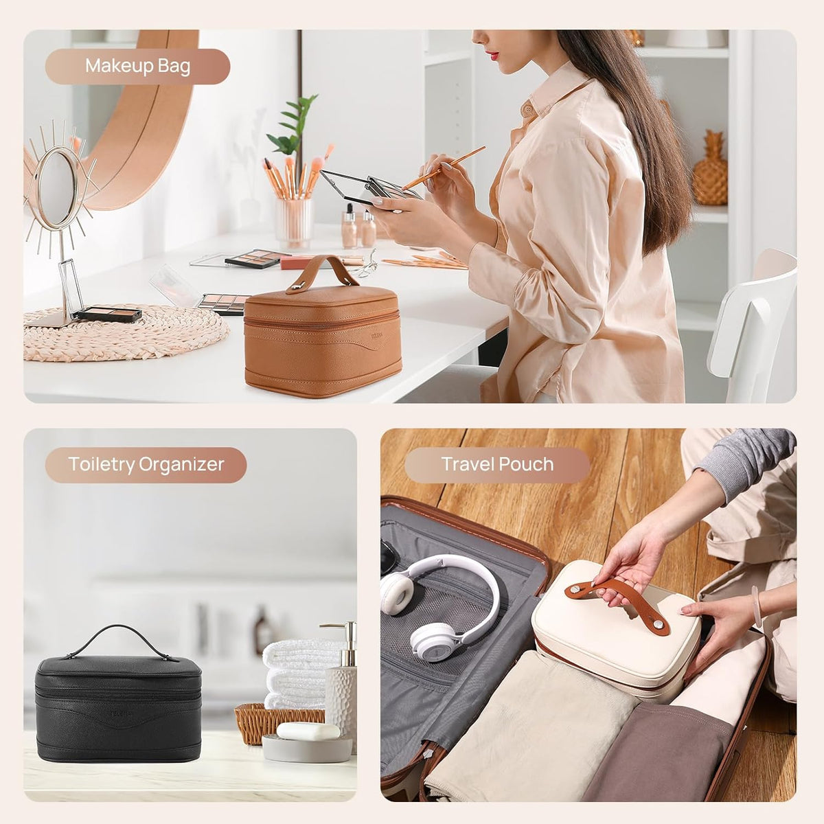 Large Makeup Bag, Travel Toiletry Bag for Women, Vegan Leather | Makeup Organizer Case Cosmetic Bag for Travel Essentials