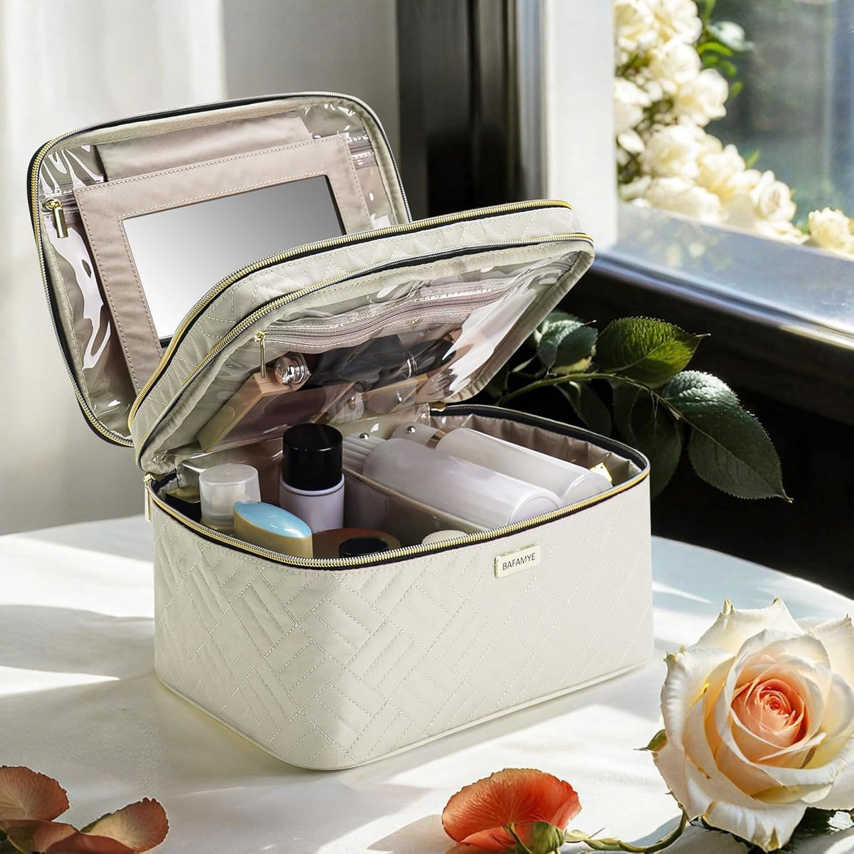 8.8L Double Layer Travel Makeup Bag Women, Large Cosmetic Case, Organizer for Travel-Size Accessories Bottles, Brushes, and Skin Care Products, Black 2.33 GAL