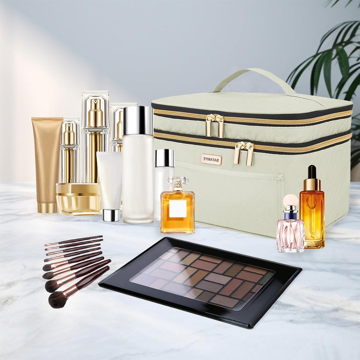 8.8L Double Layer Travel Makeup Bag Women, Large Cosmetic Case, Organizer for Travel-Size Accessories Bottles, Brushes, and Skin Care Products, Black 2.33 GAL