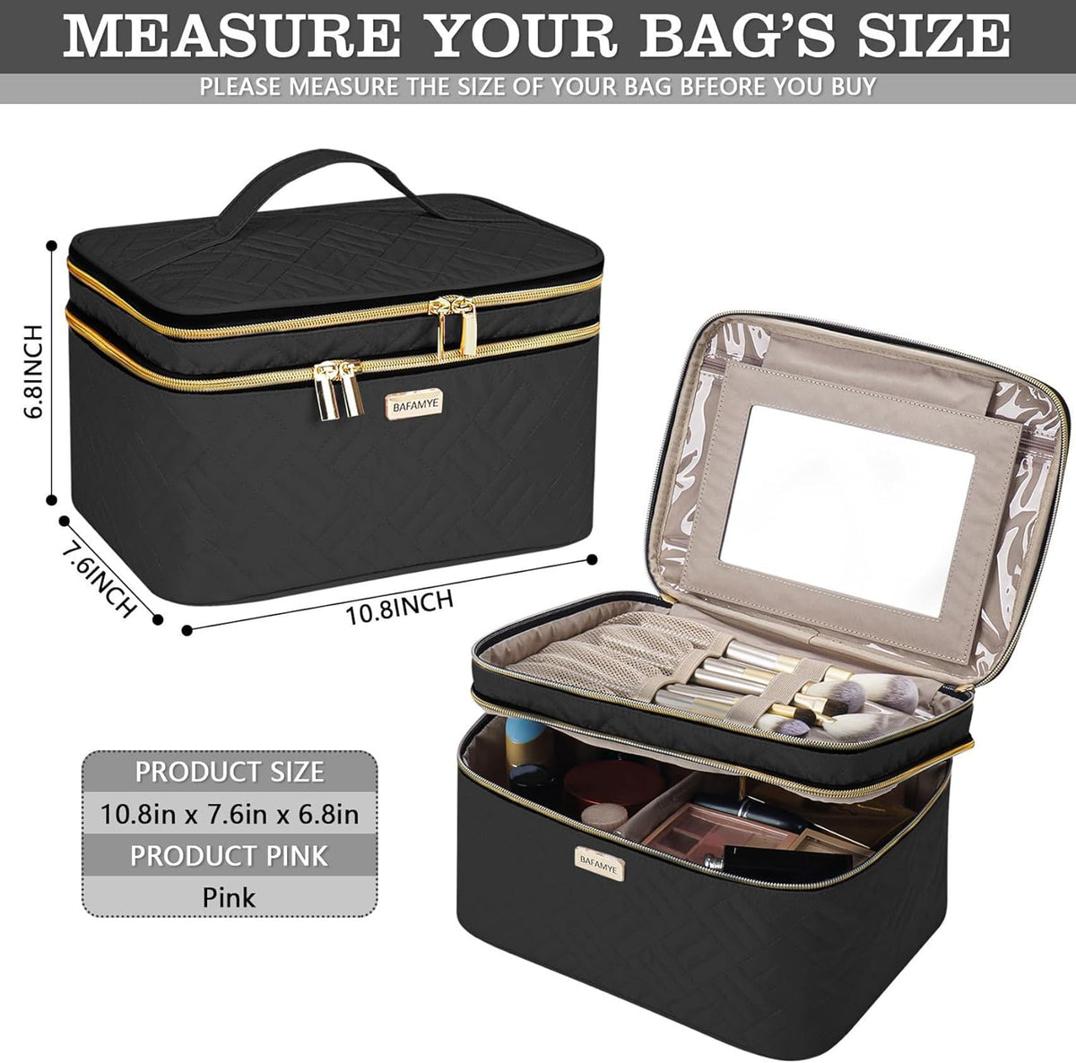 8.8L Double Layer Travel Makeup Bag Women, Large Cosmetic Case, Organizer for Travel-Size Accessories Bottles, Brushes, and Skin Care Products, Black 2.33 GAL