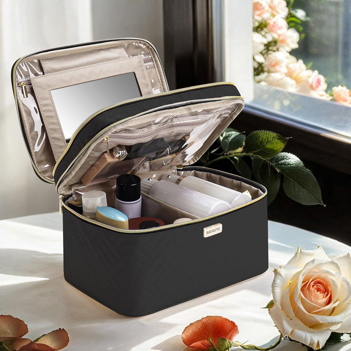 8.8L Double Layer Travel Makeup Bag Women, Large Cosmetic Case, Organizer for Travel-Size Accessories Bottles, Brushes, and Skin Care Products, Black 2.33 GAL