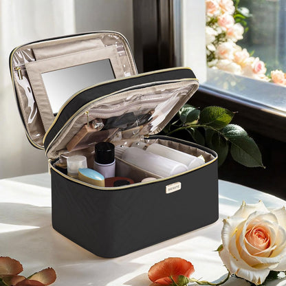 8.8L Double Layer Travel Makeup Bag Women, Large Cosmetic Case, Organizer for Travel-Size Accessories Bottles, Brushes, and Skin Care Products, Black 2.33 GAL