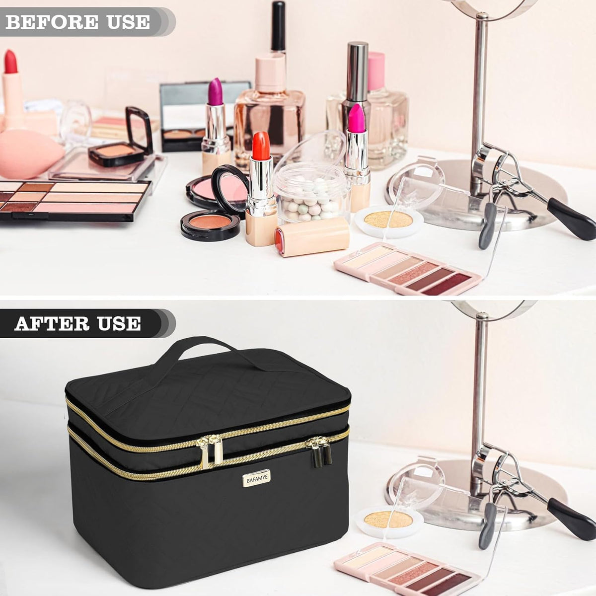 8.8L Double Layer Travel Makeup Bag Women, Large Cosmetic Case, Organizer for Travel-Size Accessories Bottles, Brushes, and Skin Care Products, Black 2.33 GAL