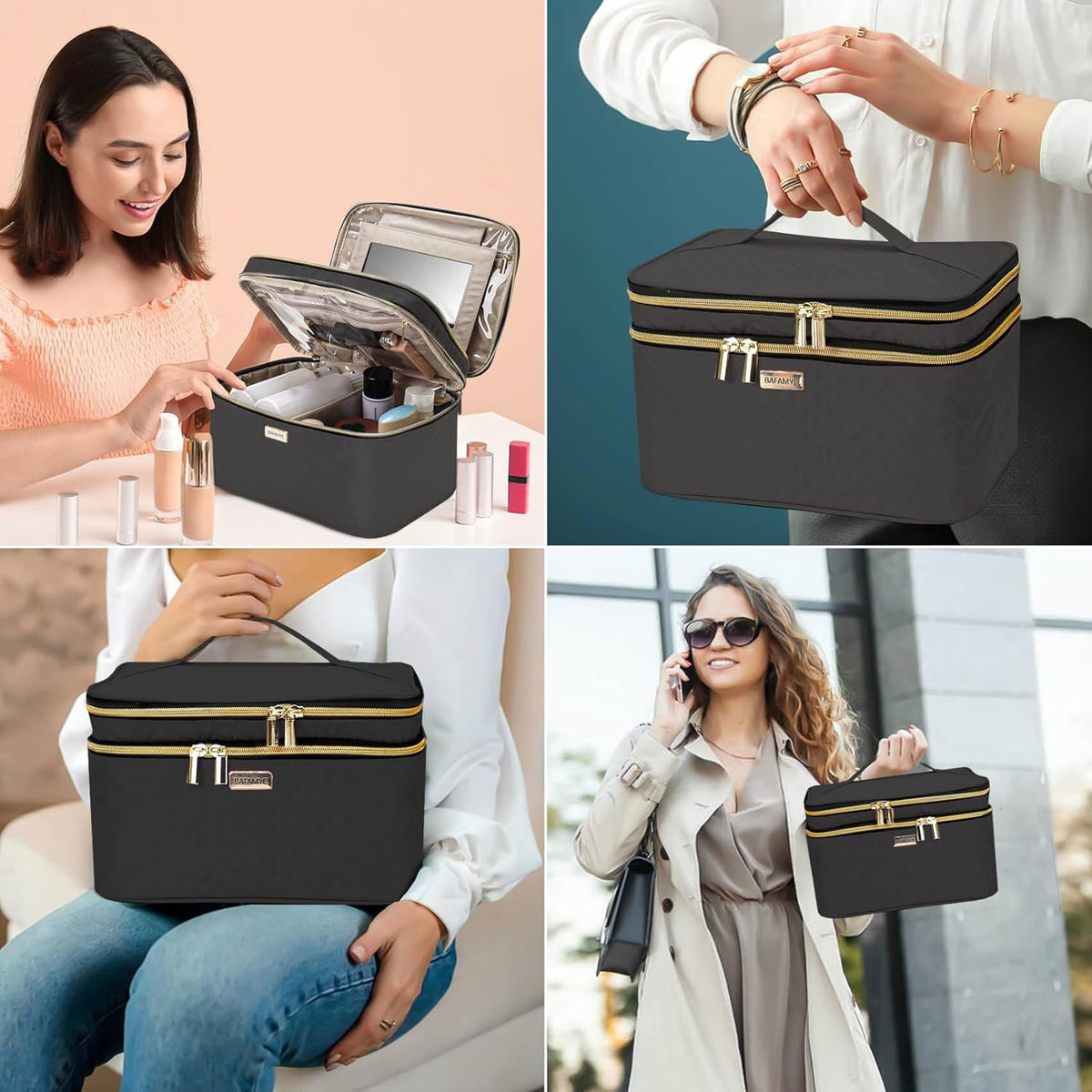 8.8L Double Layer Travel Makeup Bag Women, Large Cosmetic Case, Organizer for Travel-Size Accessories Bottles, Brushes, and Skin Care Products, Black 2.33 GAL