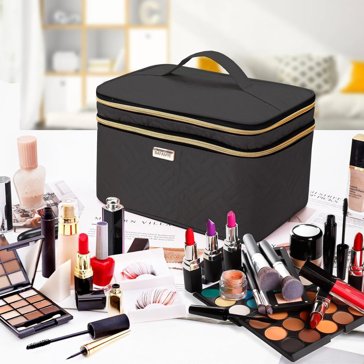 8.8L Double Layer Travel Makeup Bag Women, Large Cosmetic Case, Organizer for Travel-Size Accessories Bottles, Brushes, and Skin Care Products, Black 2.33 GAL