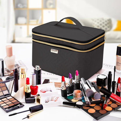 8.8L Double Layer Travel Makeup Bag Women, Large Cosmetic Case, Organizer for Travel-Size Accessories Bottles, Brushes, and Skin Care Products, Black 2.33 GAL