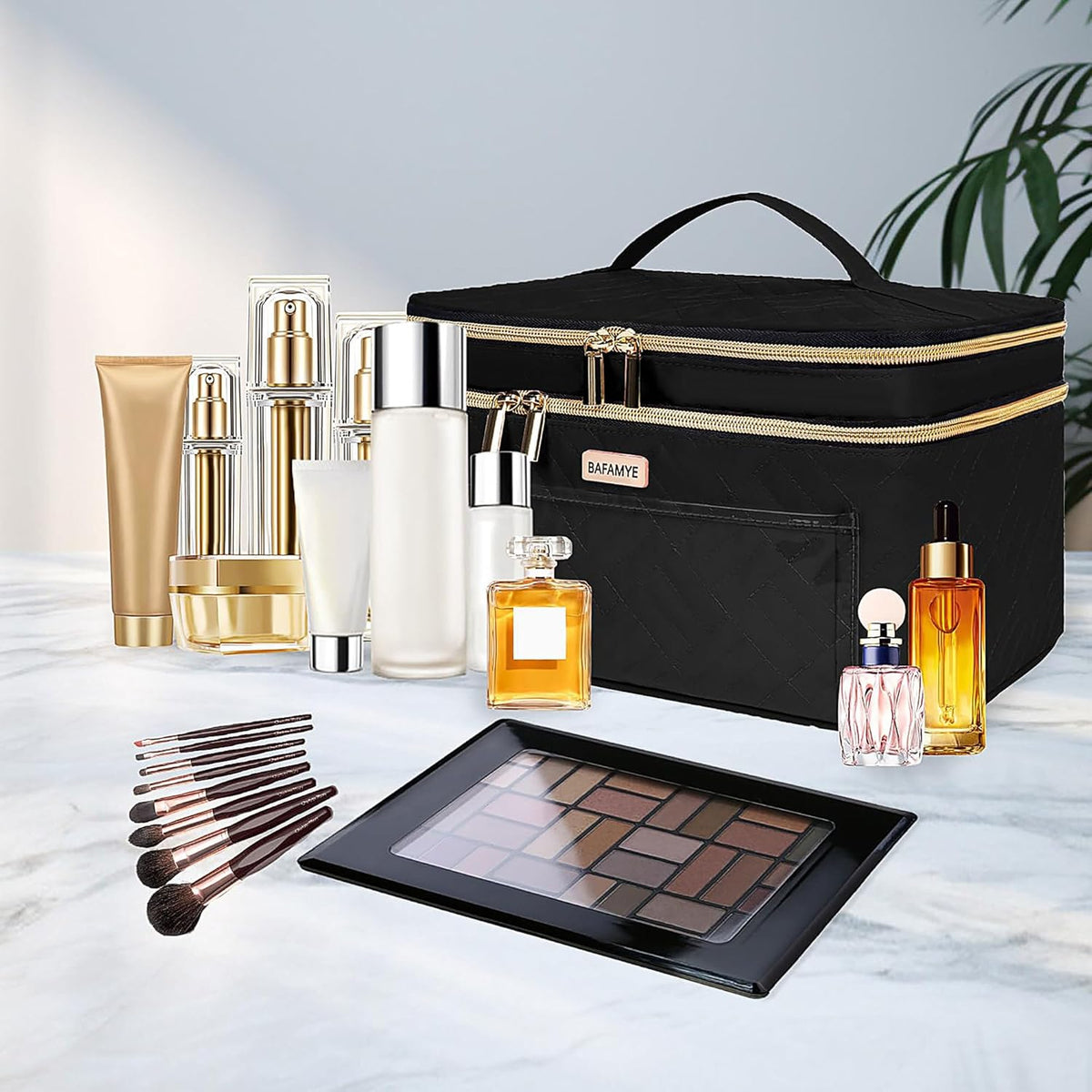 8.8L Double Layer Travel Makeup Bag Women, Large Cosmetic Case, Organizer for Travel-Size Accessories Bottles, Brushes, and Skin Care Products, Black 2.33 GAL