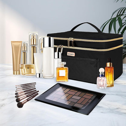 8.8L Double Layer Travel Makeup Bag Women, Large Cosmetic Case, Organizer for Travel-Size Accessories Bottles, Brushes, and Skin Care Products, Black 2.33 GAL
