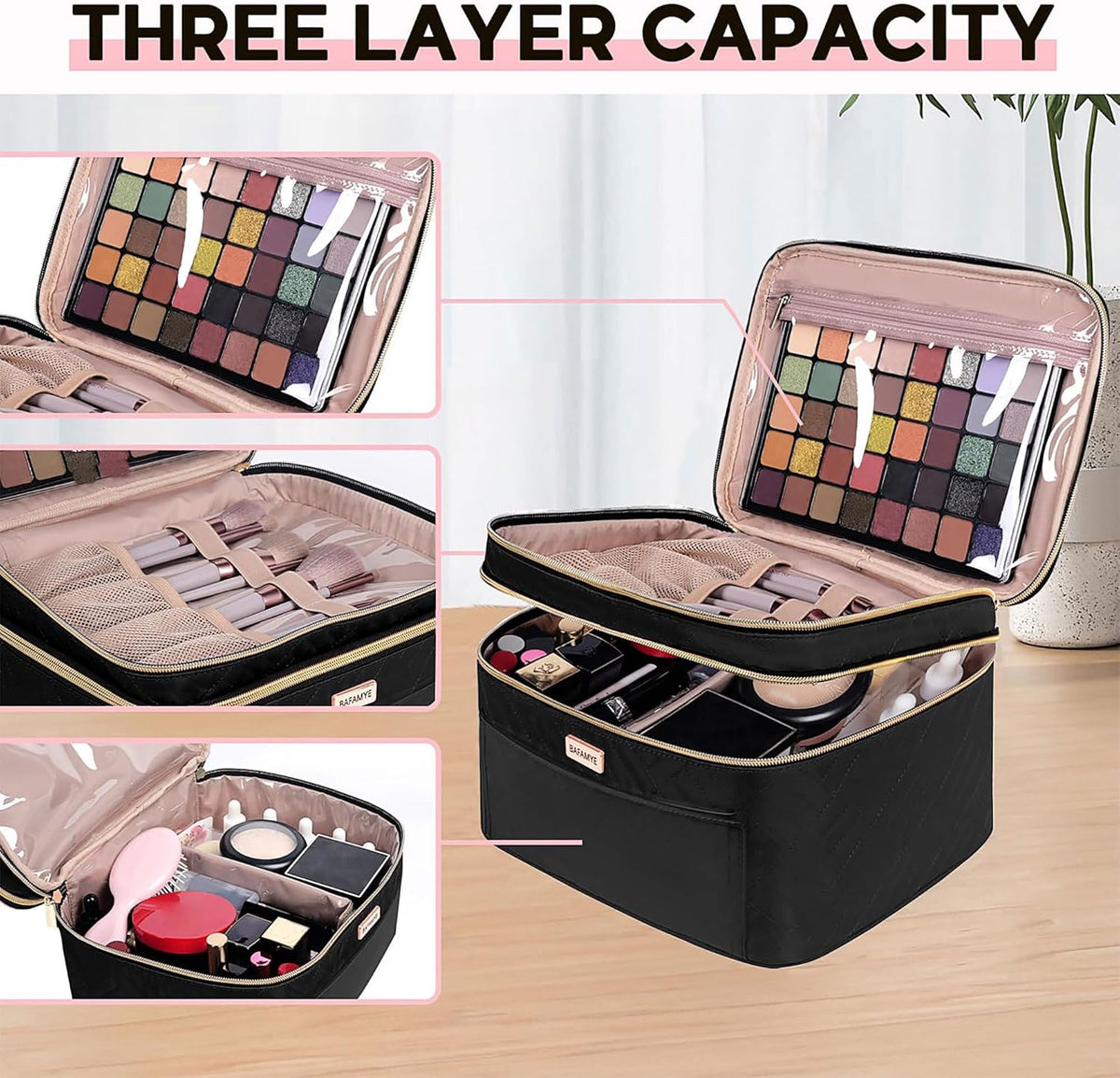 8.8L Double Layer Travel Makeup Bag Women, Large Cosmetic Case, Organizer for Travel-Size Accessories Bottles, Brushes, and Skin Care Products, Black 2.33 GAL