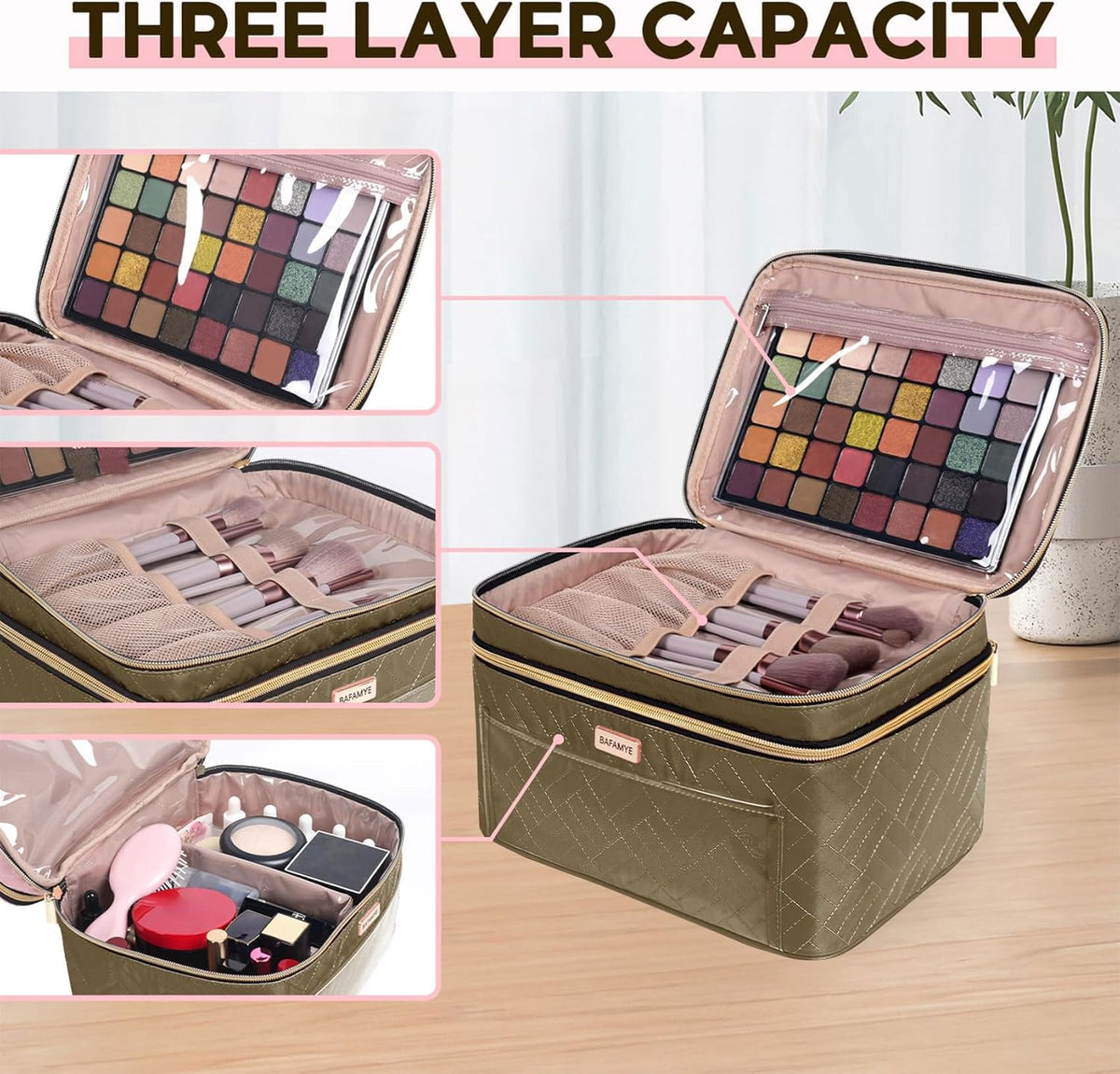 8.8L Double Layer Travel Makeup Bag Women, Large Cosmetic Case, Organizer for Travel-Size Accessories Bottles, Brushes, and Skin Care Products, Black 2.33 GAL
