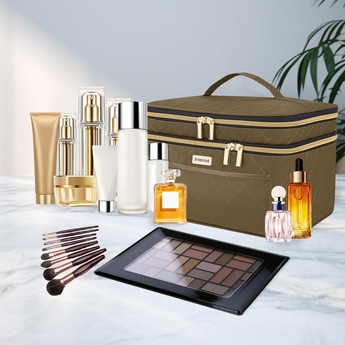 8.8L Double Layer Travel Makeup Bag Women, Large Cosmetic Case, Organizer for Travel-Size Accessories Bottles, Brushes, and Skin Care Products, Black 2.33 GAL