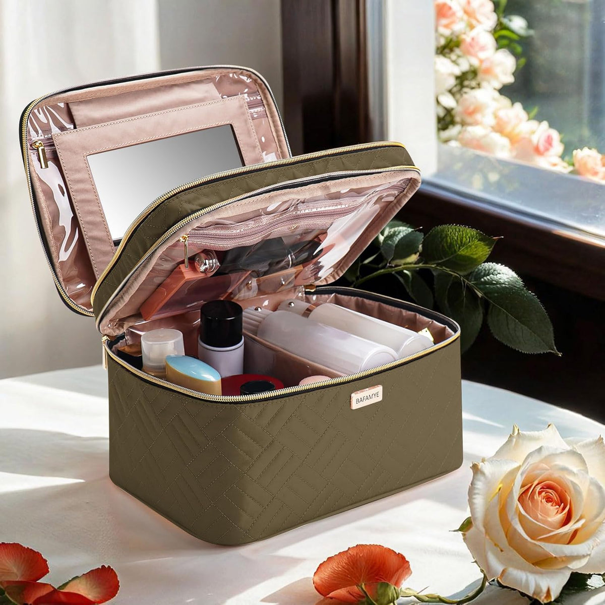 8.8L Double Layer Travel Makeup Bag Women, Large Cosmetic Case, Organizer for Travel-Size Accessories Bottles, Brushes, and Skin Care Products, Black 2.33 GAL
