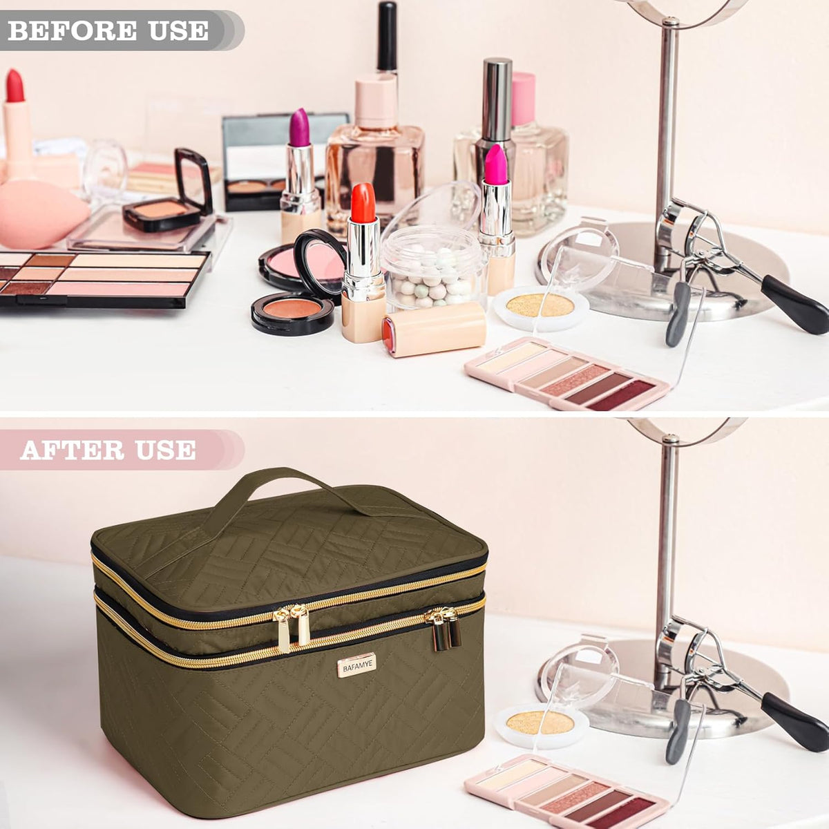 8.8L Double Layer Travel Makeup Bag Women, Large Cosmetic Case, Organizer for Travel-Size Accessories Bottles, Brushes, and Skin Care Products, Black 2.33 GAL