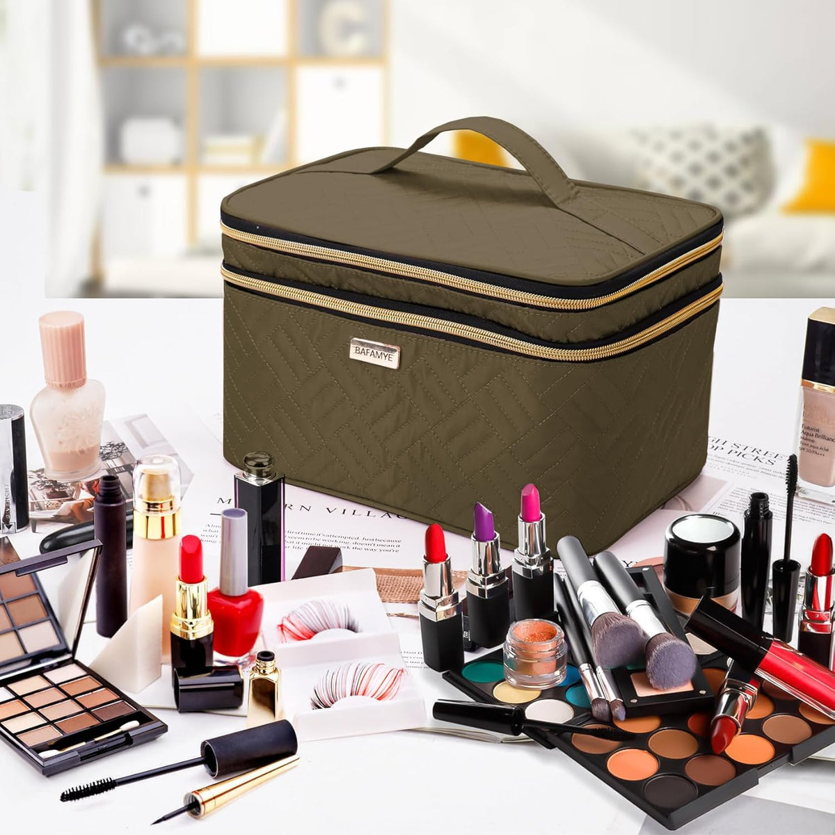 8.8L Double Layer Travel Makeup Bag Women, Large Cosmetic Case, Organizer for Travel-Size Accessories Bottles, Brushes, and Skin Care Products, Black 2.33 GAL