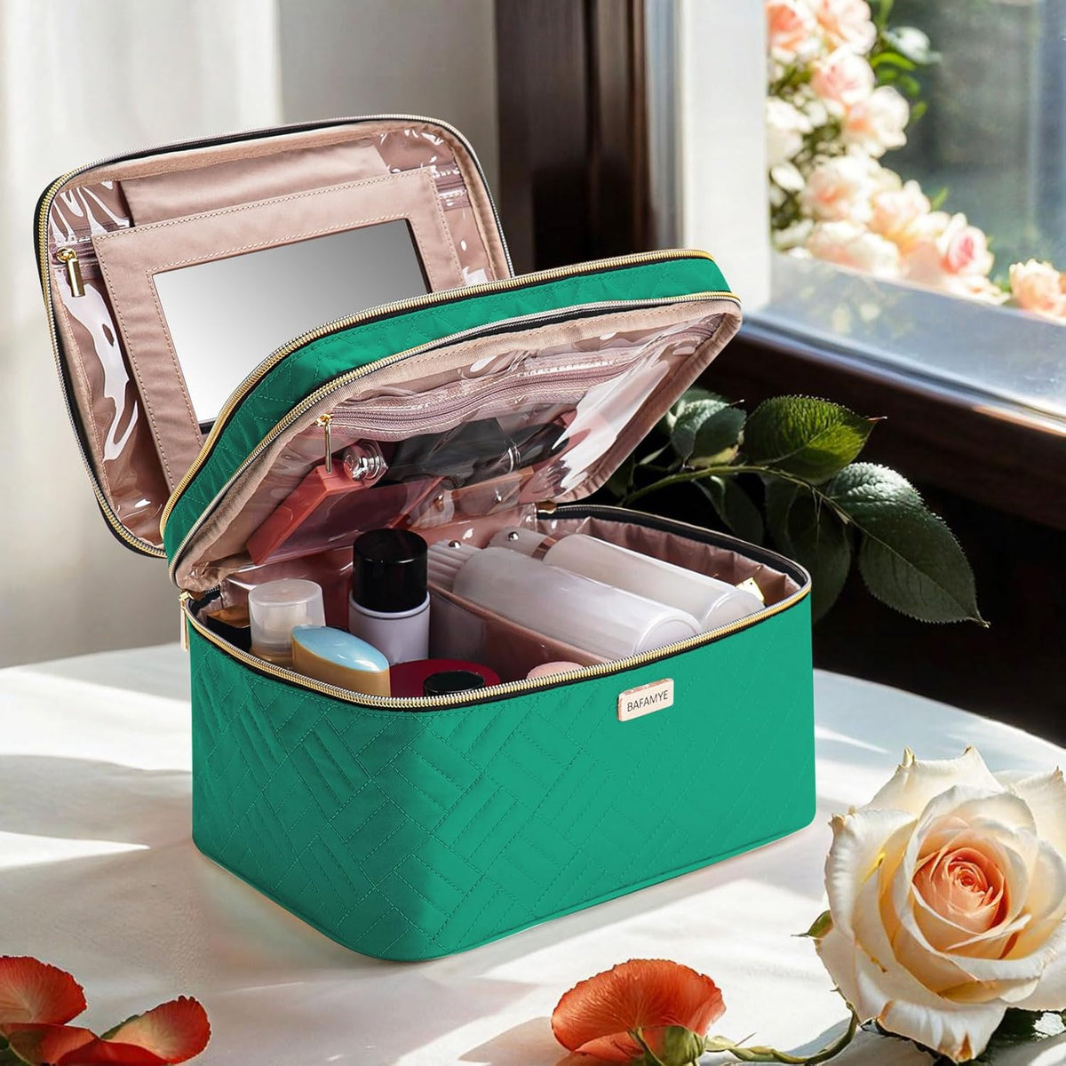 8.8L Double Layer Travel Makeup Bag Women, Large Cosmetic Case, Organizer for Travel-Size Accessories Bottles, Brushes, and Skin Care Products, Black 2.33 GAL