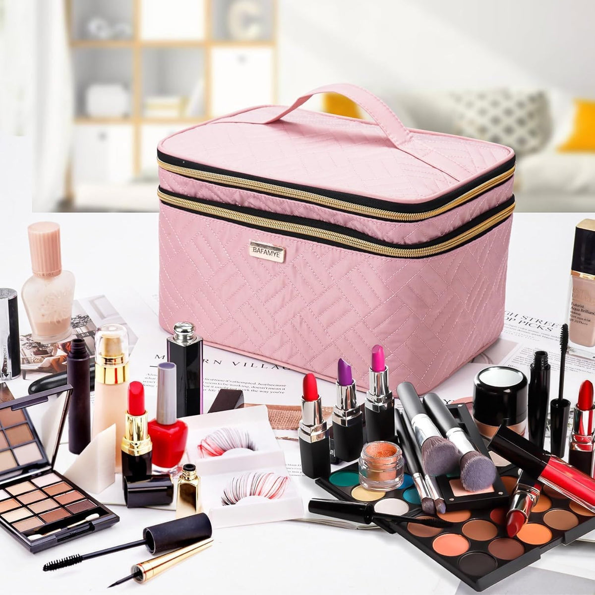 8.8L Double Layer Travel Makeup Bag Women, Large Cosmetic Case, Organizer for Travel-Size Accessories Bottles, Brushes, and Skin Care Products, Black 2.33 GAL