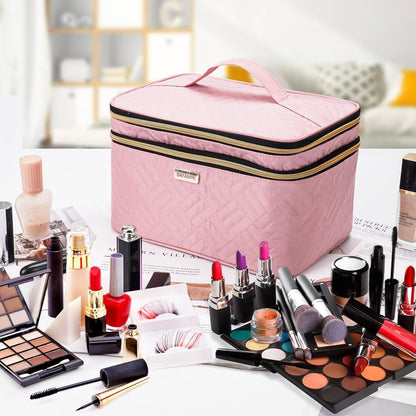 8.8L Double Layer Travel Makeup Bag Women, Large Cosmetic Case, Organizer for Travel-Size Accessories Bottles, Brushes, and Skin Care Products, Black 2.33 GAL