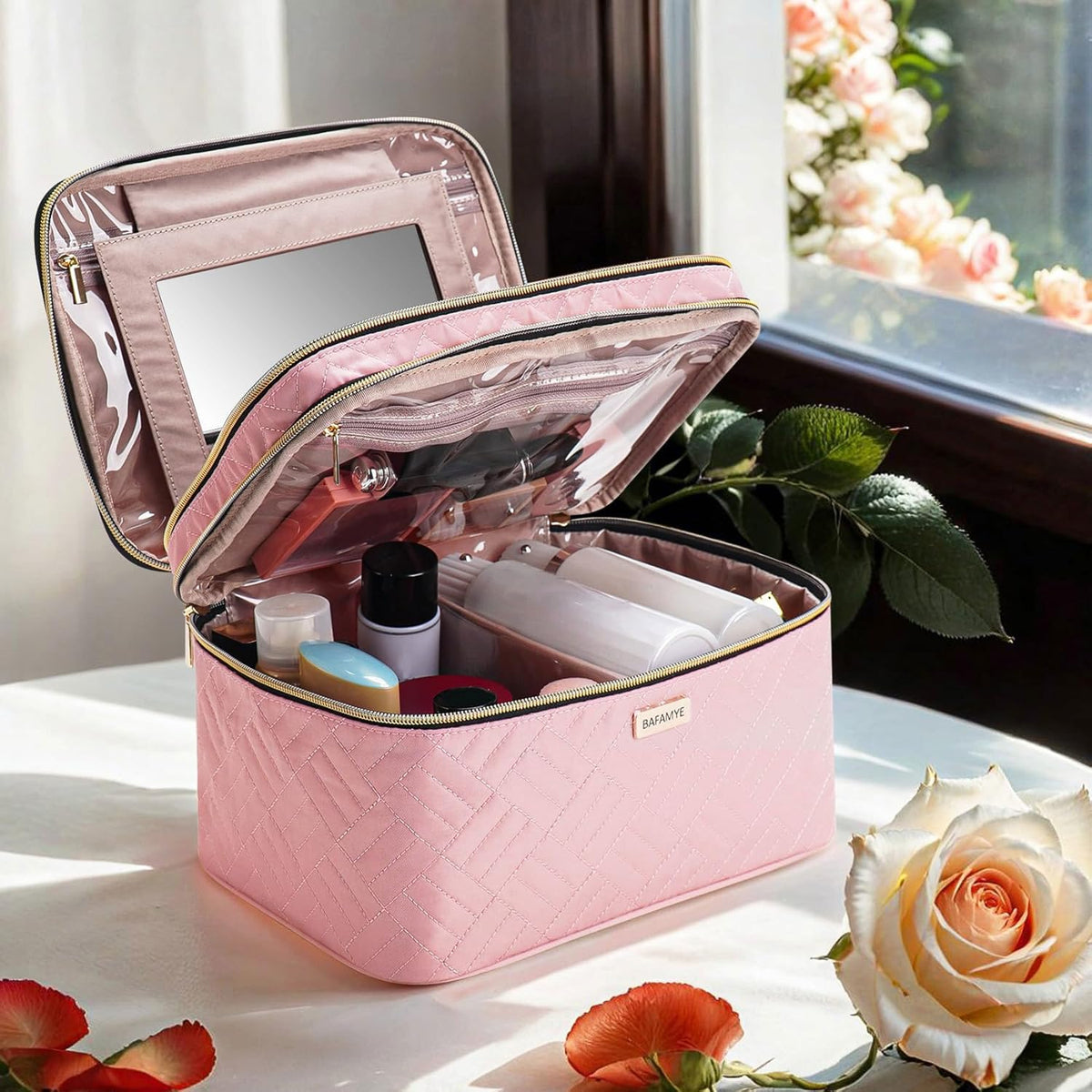 8.8L Double Layer Travel Makeup Bag Women, Large Cosmetic Case, Organizer for Travel-Size Accessories Bottles, Brushes, and Skin Care Products, Black 2.33 GAL
