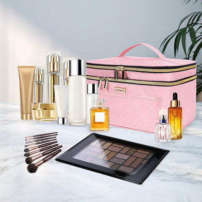 8.8L Double Layer Travel Makeup Bag Women, Large Cosmetic Case, Organizer for Travel-Size Accessories Bottles, Brushes, and Skin Care Products, Black 2.33 GAL