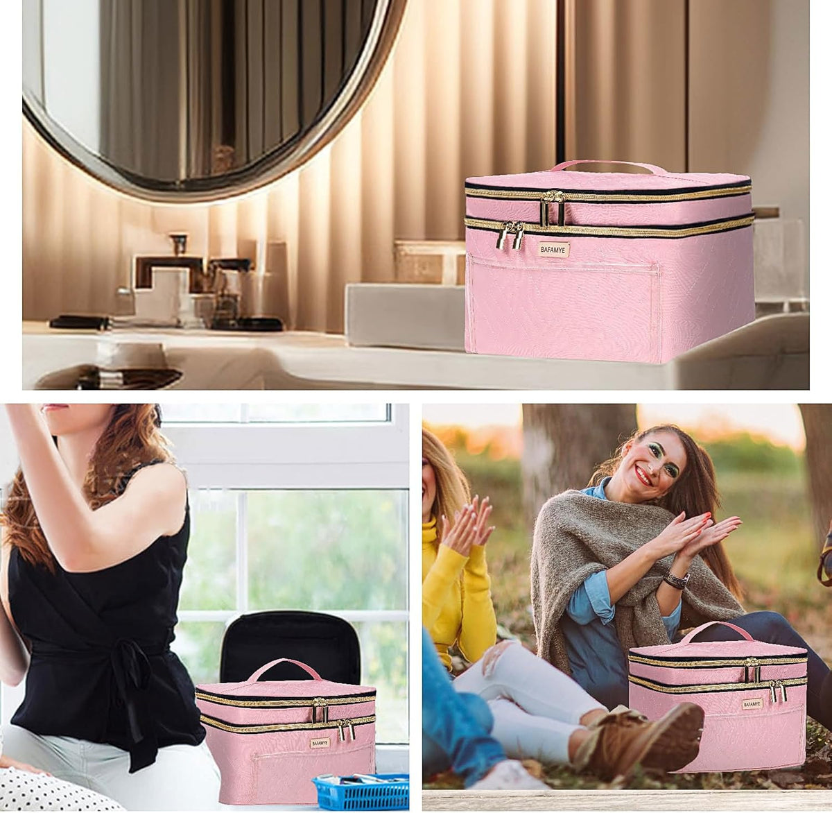 8.8L Double Layer Travel Makeup Bag Women, Large Cosmetic Case, Organizer for Travel-Size Accessories Bottles, Brushes, and Skin Care Products, Black 2.33 GAL