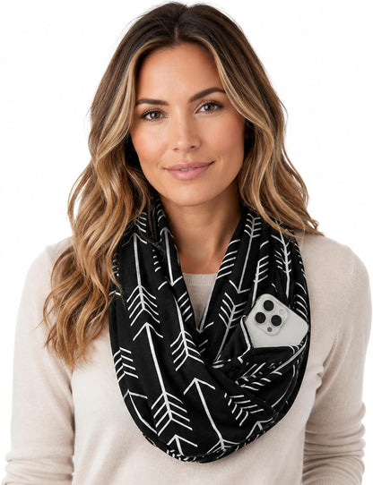 Infinity Scarf for Women - Lightweight Travel Scarf with Hidden Zipper Pocket - Arrow Pattern