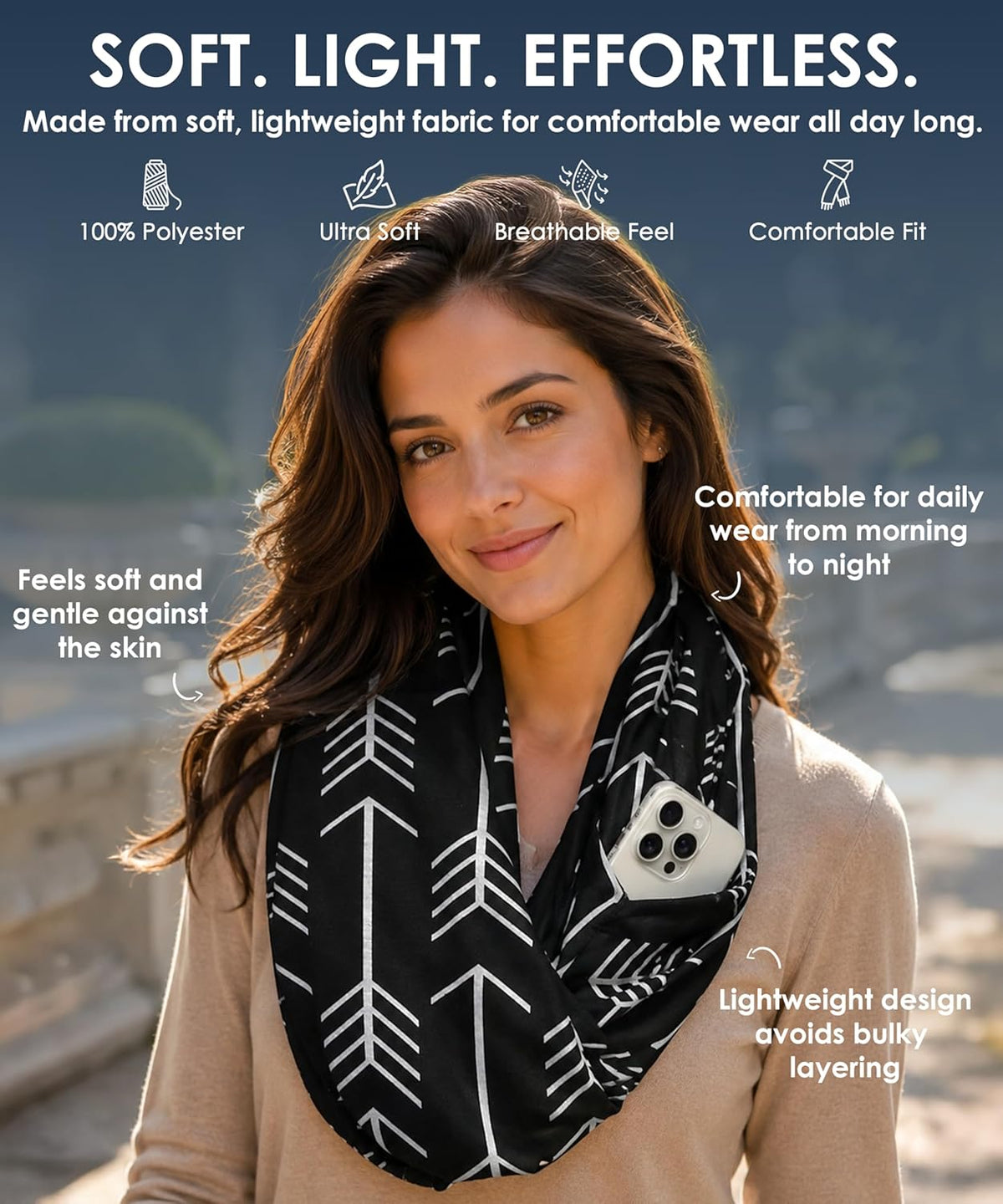 Infinity Scarf for Women - Lightweight Travel Scarf with Hidden Zipper Pocket - Arrow Pattern