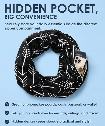 Infinity Scarf for Women - Lightweight Travel Scarf with Hidden Zipper Pocket - Arrow Pattern