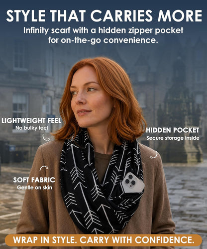 Infinity Scarf for Women - Lightweight Travel Scarf with Hidden Zipper Pocket - Arrow Pattern