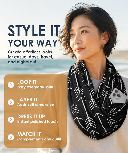 Infinity Scarf for Women - Lightweight Travel Scarf with Hidden Zipper Pocket - Arrow Pattern