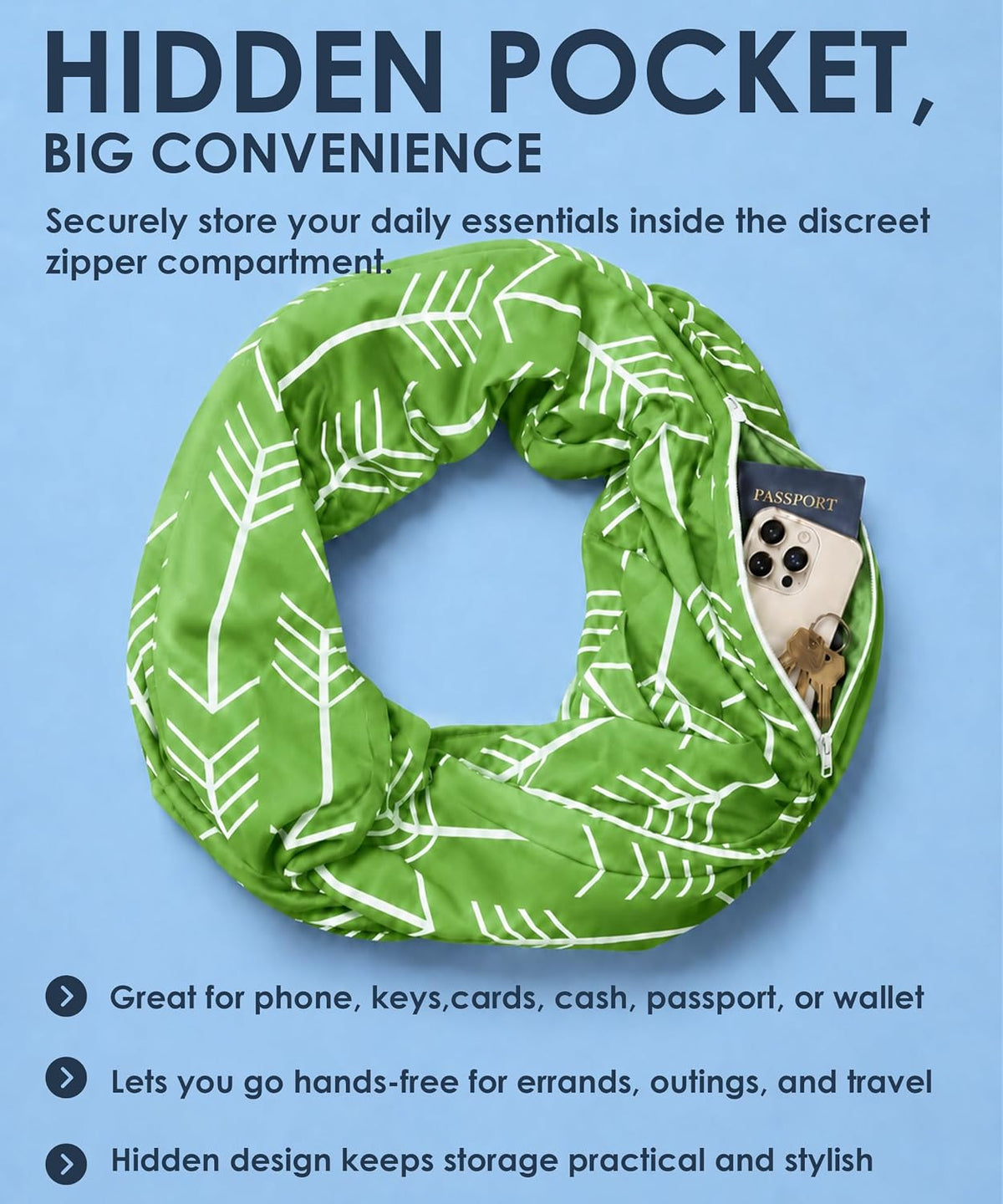 Infinity Scarf for Women - Lightweight Travel Scarf with Hidden Zipper Pocket - Arrow Pattern
