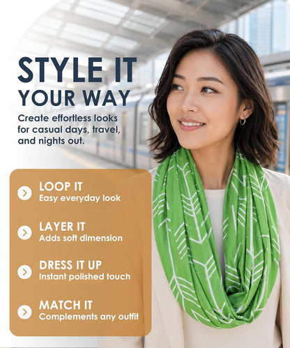 Infinity Scarf for Women - Lightweight Travel Scarf with Hidden Zipper Pocket - Arrow Pattern