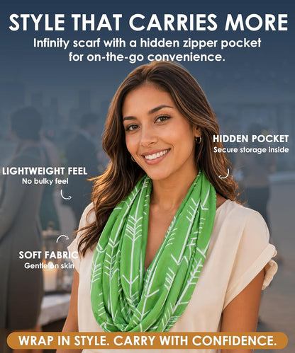 Infinity Scarf for Women - Lightweight Travel Scarf with Hidden Zipper Pocket - Arrow Pattern