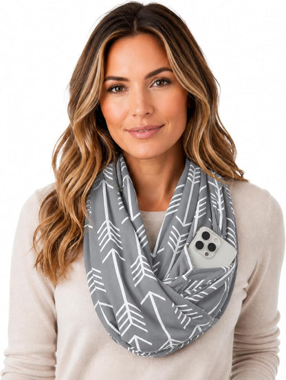 Infinity Scarf for Women - Lightweight Travel Scarf with Hidden Zipper Pocket - Arrow Pattern