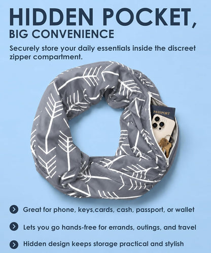 Infinity Scarf for Women - Lightweight Travel Scarf with Hidden Zipper Pocket - Arrow Pattern