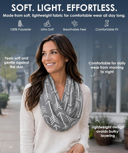 Infinity Scarf for Women - Lightweight Travel Scarf with Hidden Zipper Pocket - Arrow Pattern