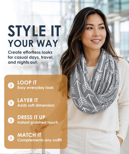 Infinity Scarf for Women - Lightweight Travel Scarf with Hidden Zipper Pocket - Arrow Pattern