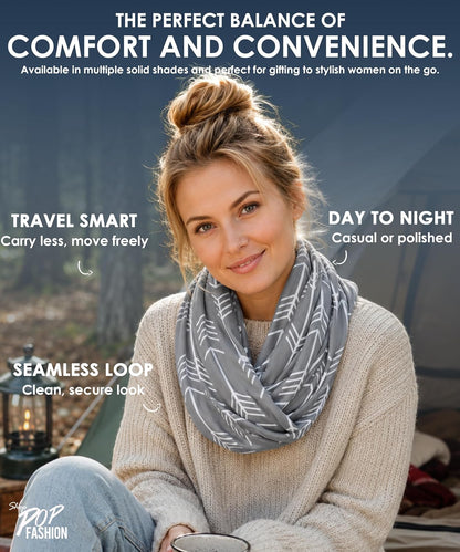 Infinity Scarf for Women - Lightweight Travel Scarf with Hidden Zipper Pocket - Arrow Pattern