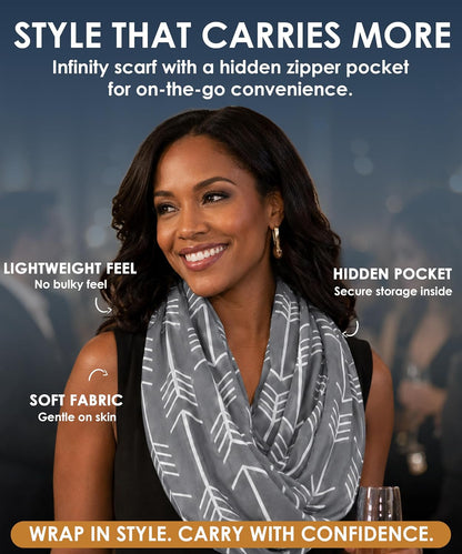 Infinity Scarf for Women - Lightweight Travel Scarf with Hidden Zipper Pocket - Arrow Pattern