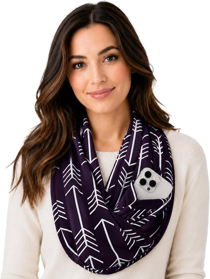 Infinity Scarf for Women - Lightweight Travel Scarf with Hidden Zipper Pocket - Arrow Pattern