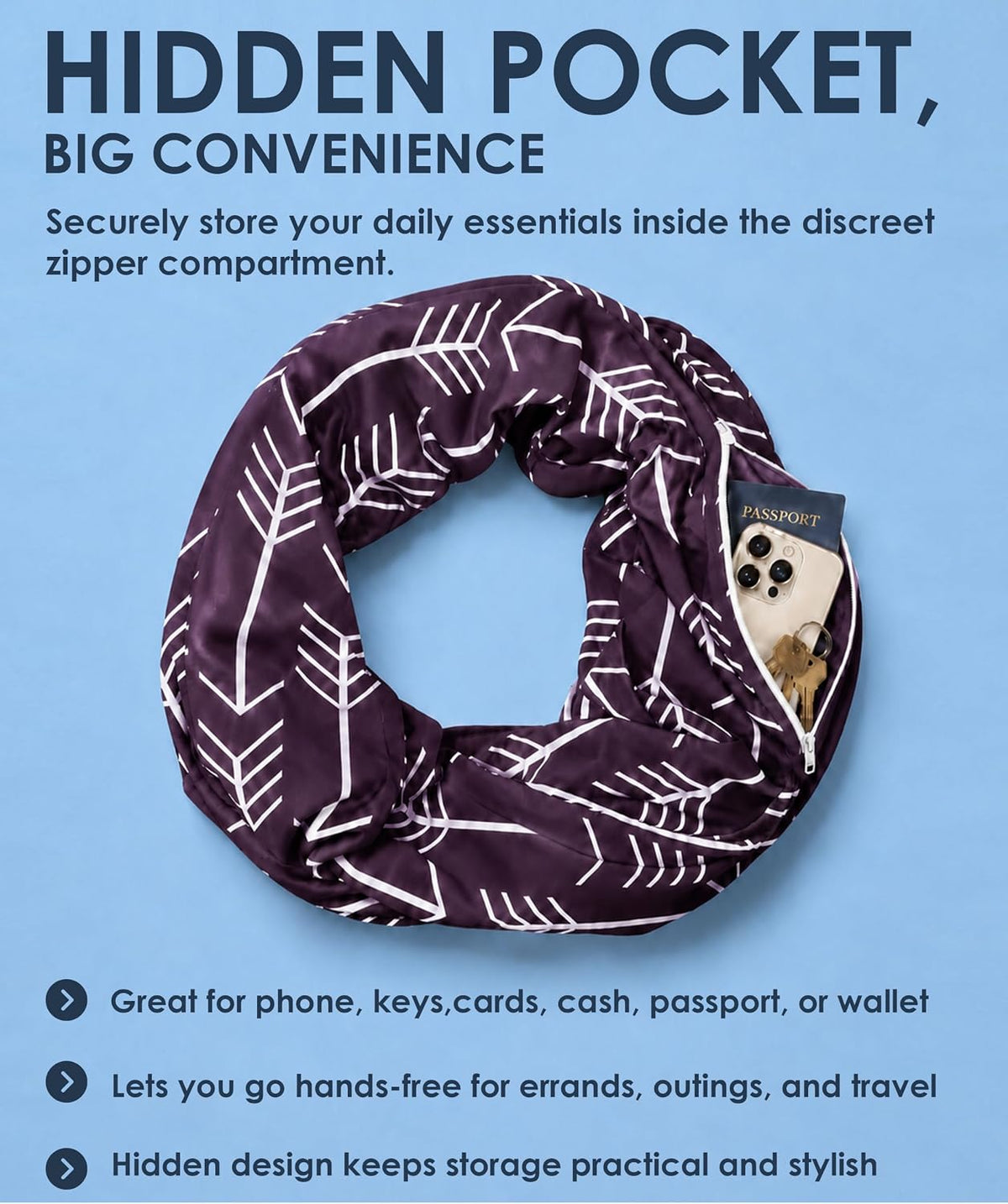 Infinity Scarf for Women - Lightweight Travel Scarf with Hidden Zipper Pocket - Arrow Pattern