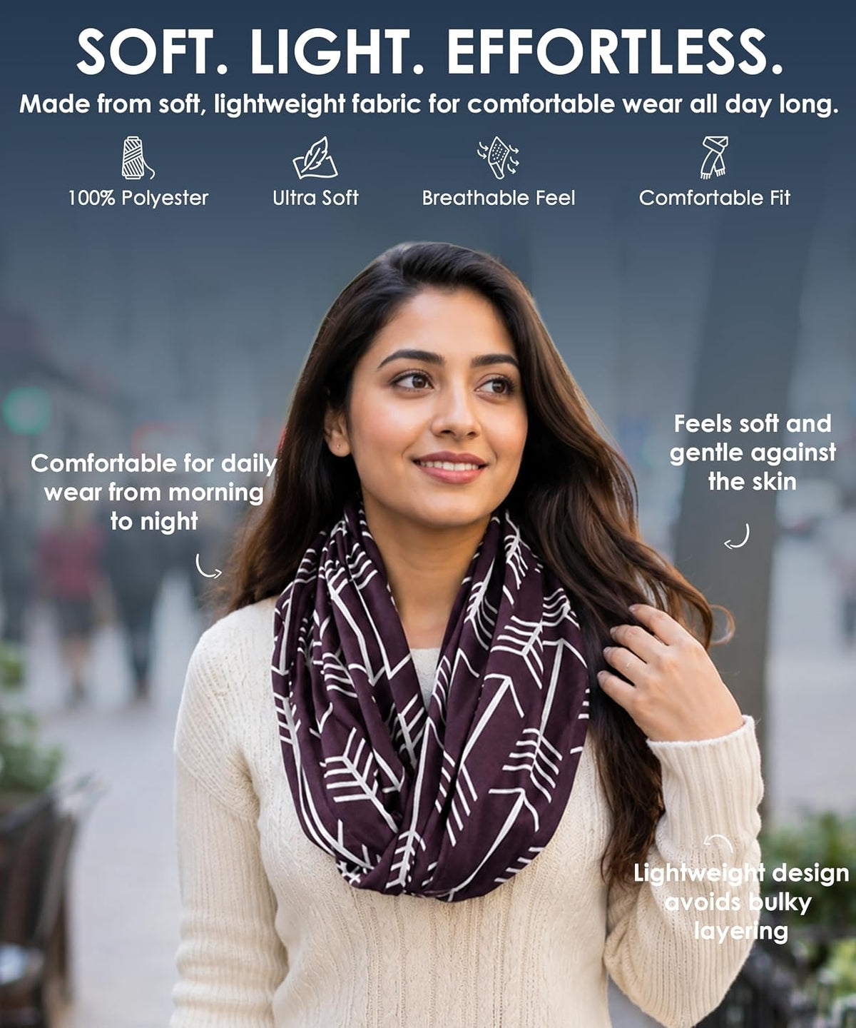 Infinity Scarf for Women - Lightweight Travel Scarf with Hidden Zipper Pocket - Arrow Pattern