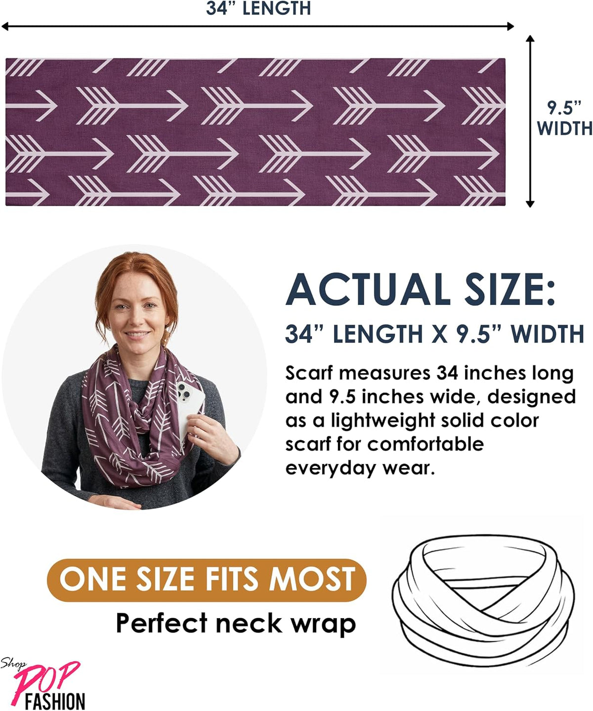 Infinity Scarf for Women - Lightweight Travel Scarf with Hidden Zipper Pocket - Arrow Pattern