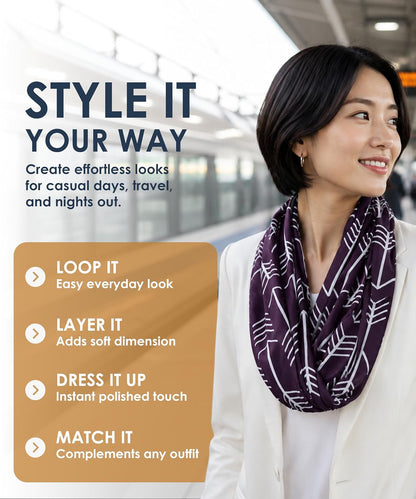 Infinity Scarf for Women - Lightweight Travel Scarf with Hidden Zipper Pocket - Arrow Pattern