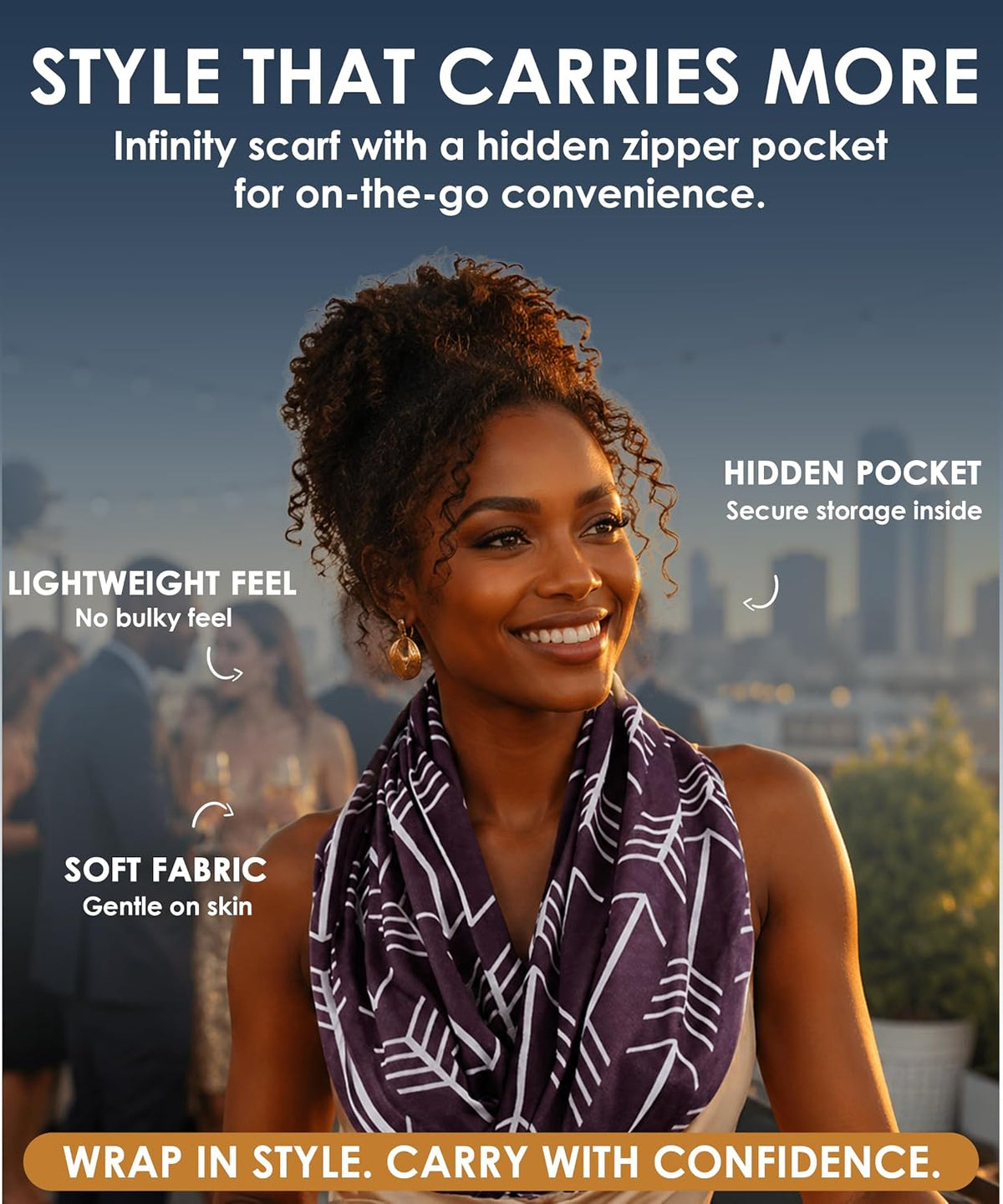 Infinity Scarf for Women - Lightweight Travel Scarf with Hidden Zipper Pocket - Arrow Pattern